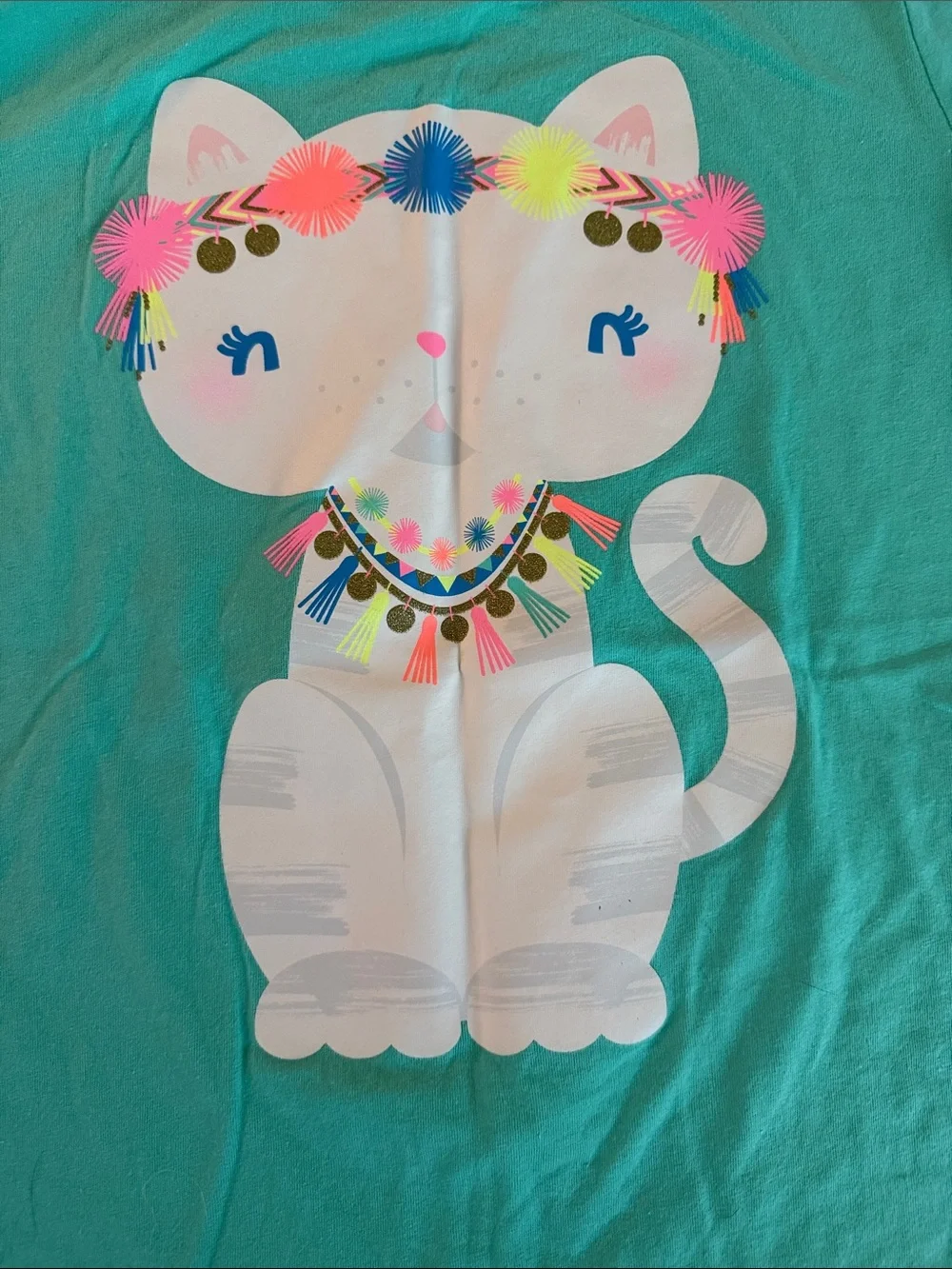 Cat & Jack Teal Short-Sleeve Tee with White Cat and Colorful Pom Accents